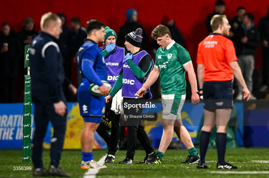 13 February 2026; Diarmaid O'Connell of Ireland leaves the pitch to receive medical attention during the U20 Six Nations Rugby Championship match between Ireland and Italy at Virgin Media Park in Cork. Photo by Shauna Clinton/Sportsfile