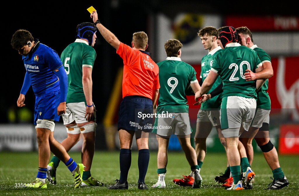 13 February 2026; Referee Luke Rogan shows Davide Sette of Italy, left, a yellow card during the U20 Six Nations Rugby Championship match between Ireland and Italy at Virgin Media Park in Cork. Photo by Shauna Clinton/Sportsfile