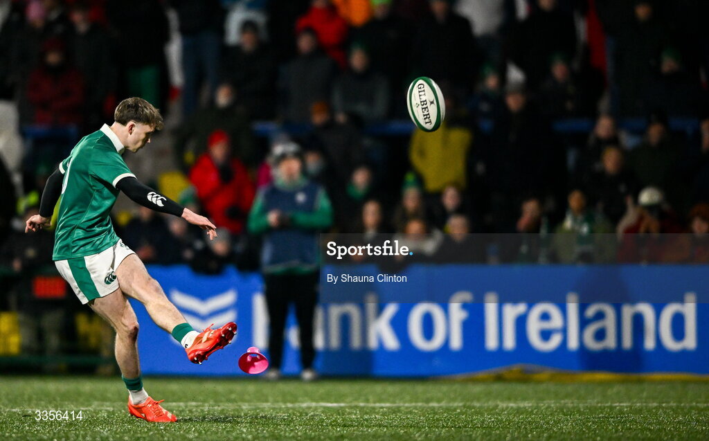 13 February 2026; Tom Wood of Ireland kicks a conversion during the U20 Six Nations Rugby Championship match between Ireland and Italy at Virgin Media Park in Cork. Photo by Shauna Clinton/Sportsfile