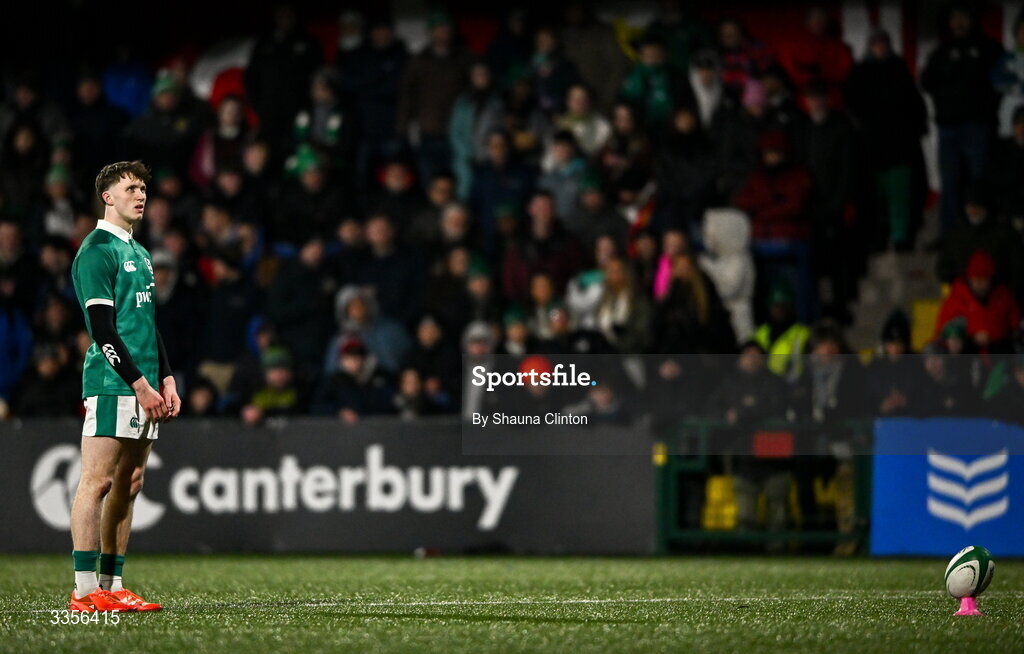 13 February 2026; Tom Wood of Ireland prepares to kick a conversion during the U20 Six Nations Rugby Championship match between Ireland and Italy at Virgin Media Park in Cork. Photo by Shauna Clinton/Sportsfile