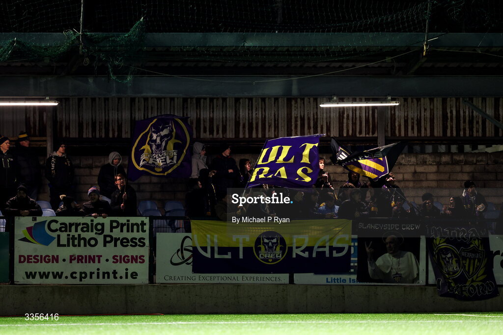 13 February 2026; Wexford supporters during the SSE Airtricity Men's First Division match between Cobh Ramblers and Wexford at St Colman's Park in Cobh, Cork. Photo by Michael P Ryan/Sportsfile