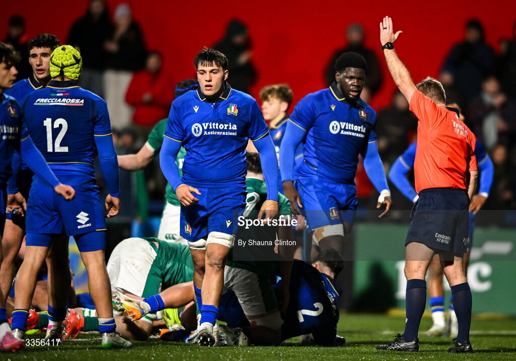 13 February 2026; Josh Neill of Ireland, hidden, scores his side's fourth try during the U20 Six Nations Rugby Championship match between Ireland and Italy at Virgin Media Park in Cork. Photo by Shauna Clinton/Sportsfile