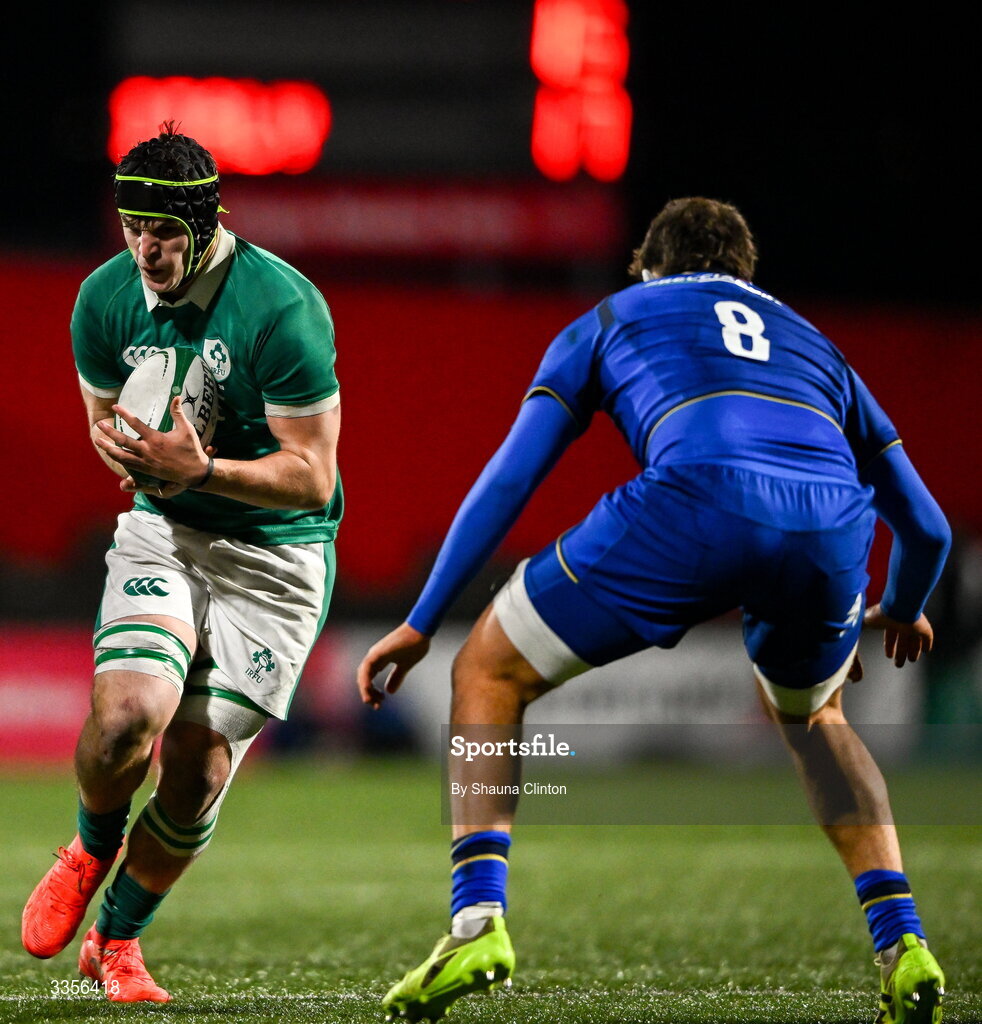 13 February 2026; Josh Neill of Ireland in action against Davide Sette of Italy during the U20 Six Nations Rugby Championship match between Ireland and Italy at Virgin Media Park in Cork. Photo by Shauna Clinton/Sportsfile
