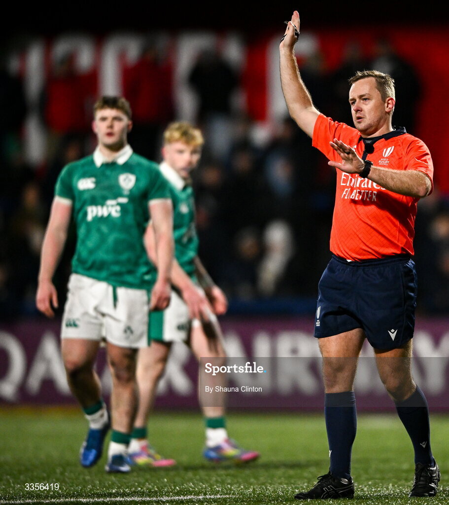 13 February 2026; Referee Luke Rogan during the U20 Six Nations Rugby Championship match between Ireland and Italy at Virgin Media Park in Cork. Photo by Shauna Clinton/Sportsfile