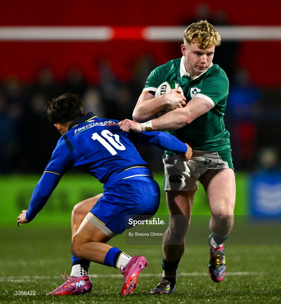 13 February 2026; Rob Carney of Ireland in action against Francesco Braga of Italy during the U20 Six Nations Rugby Championship match between Ireland and Italy at Virgin Media Park in Cork. Photo by Shauna Clinton/Sportsfile