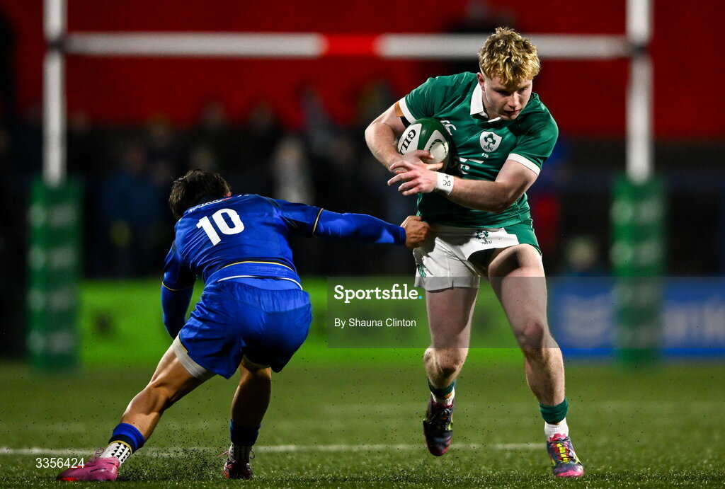 13 February 2026; Rob Carney of Ireland in action against Francesco Braga of Italy during the U20 Six Nations Rugby Championship match between Ireland and Italy at Virgin Media Park in Cork. Photo by Shauna Clinton/Sportsfile