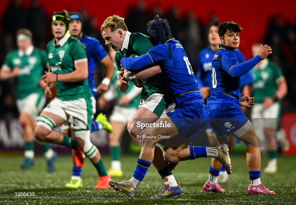 13 February 2026; Rob Carney of Ireland in action against Edoardo Vitale of Italy during the U20 Six Nations Rugby Championship match between Ireland and Italy at Virgin Media Park in Cork. Photo by Shauna Clinton/Sportsfile