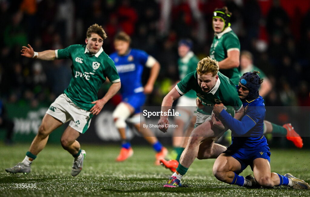 13 February 2026; Rob Carney of Ireland in action against Edoardo Vitale of Italy during the U20 Six Nations Rugby Championship match between Ireland and Italy at Virgin Media Park in Cork. Photo by Shauna Clinton/Sportsfile