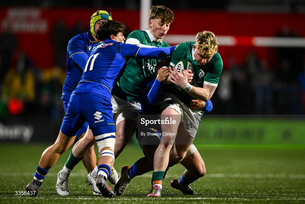 13 February 2026; Rob Carney of Ireland in action against Luca Rossi of Italy during the U20 Six Nations Rugby Championship match between Ireland and Italy at Virgin Media Park in Cork. Photo by Shauna Clinton/Sportsfile