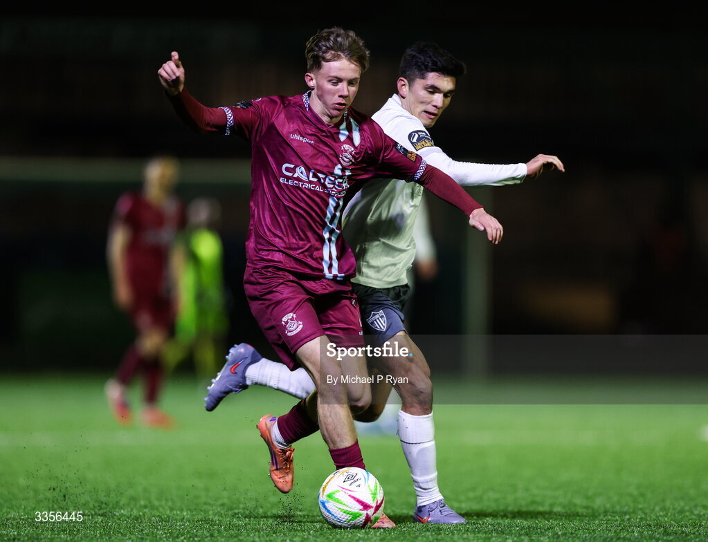 13 February 2026; Rhys Brennan of Cobh Ramblers in action against Zayd Abada of Wexford during the SSE Airtricity Men's First Division match between Cobh Ramblers and Wexford at St Colman's Park in Cobh, Cork. Photo by Michael P Ryan/Sportsfile