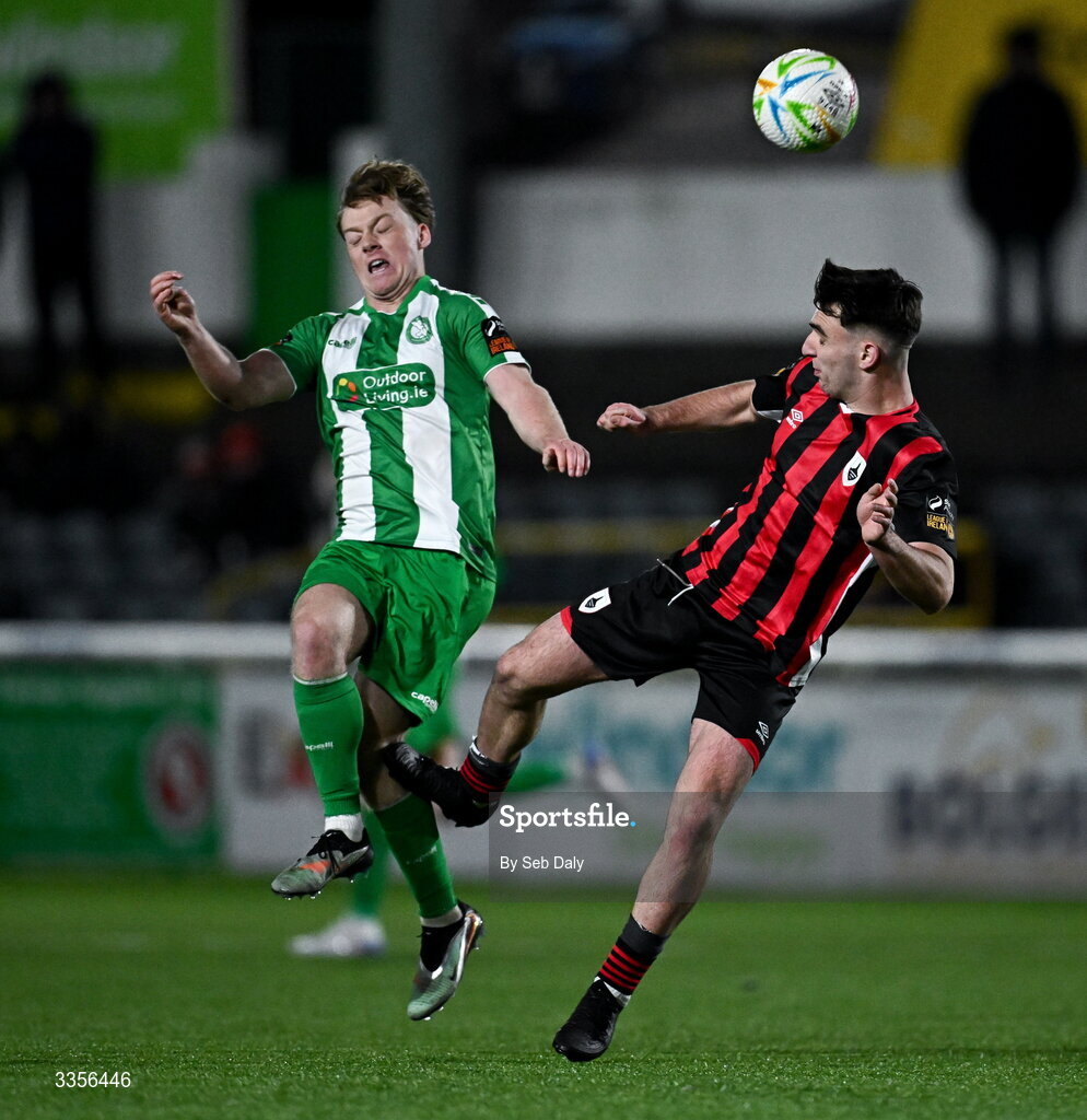 13 February 2026; Cian Doyle of Bray Wanderers is tackled by Andy Paraschiv of Longford Town during the SSE Airtricity Men's First Division match between Bray Wanderers and Longford Town at Carlisle Grounds in Bray, Wicklow. Photo by Seb Daly/Sportsfile