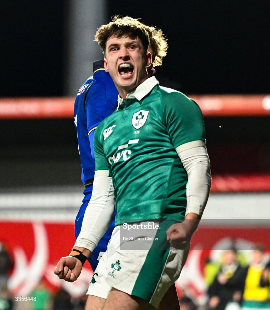 13 February 2026; Derry Moloney of Ireland celebrates after scoring his side's third try during the U20 Six Nations Rugby Championship match between Ireland and Italy at Virgin Media Park in Cork. Photo by Shauna Clinton/Sportsfile