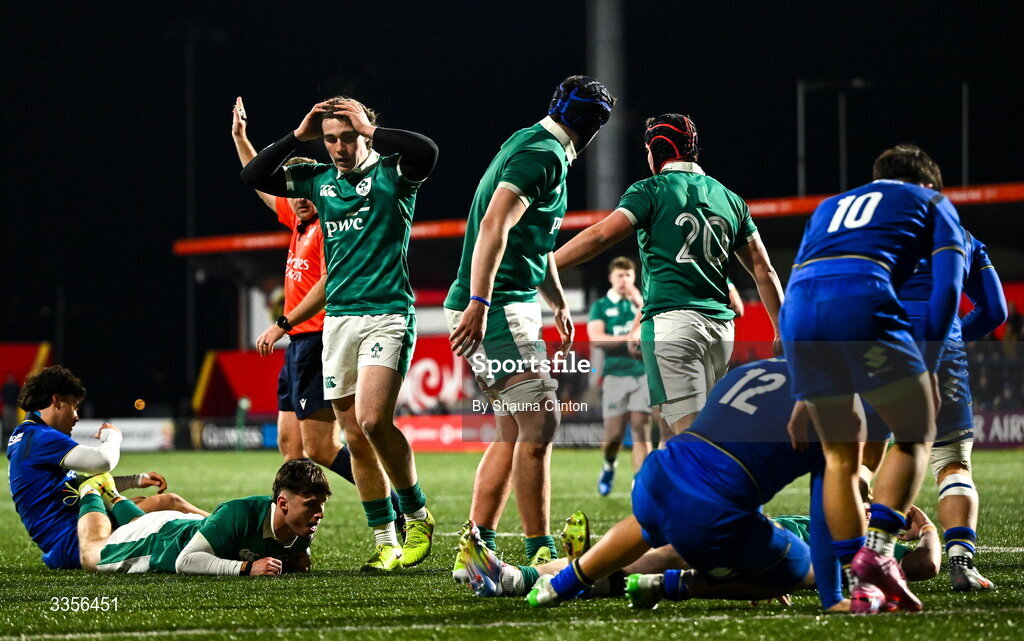 13 February 2026; James O'Dwyer of Ireland, centre, reacts to a missed opportunity during the U20 Six Nations Rugby Championship match between Ireland and Italy at Virgin Media Park in Cork. Photo by Shauna Clinton/Sportsfile