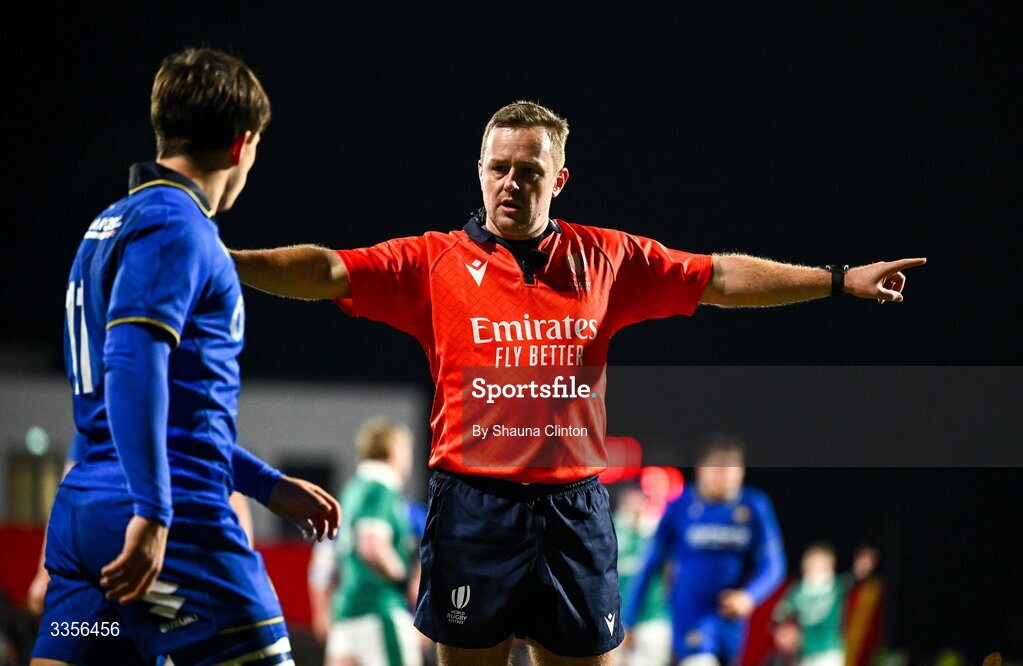 13 February 2026; Referee Luke Rogan during the U20 Six Nations Rugby Championship match between Ireland and Italy at Virgin Media Park in Cork. Photo by Shauna Clinton/Sportsfile