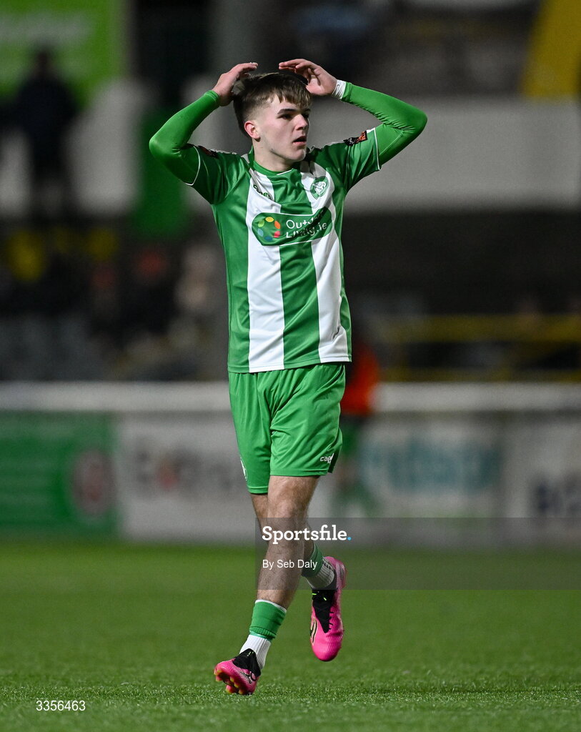 13 February 2026; Billy O'Neill of Bray Wanderers reacts to a missed opportunity on goal during the SSE Airtricity Men's First Division match between Bray Wanderers and Longford Town at Carlisle Grounds in Bray, Wicklow. Photo by Seb Daly/Sportsfile