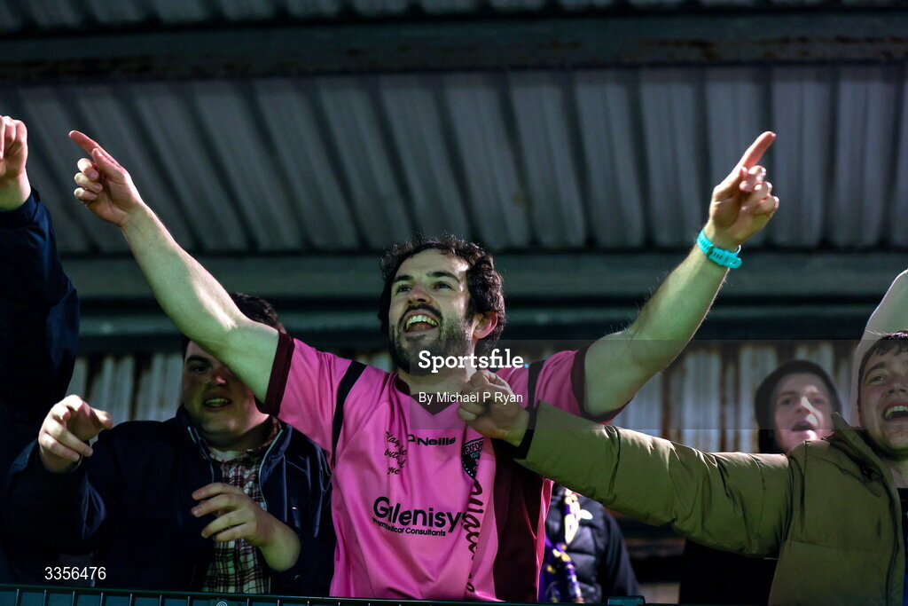 13 February 2026; Wexford supporters celebrate after their side's victory in the SSE Airtricity Men's First Division match between Cobh Ramblers and Wexford at St Colman's Park in Cobh, Cork. Photo by Michael P Ryan/Sportsfile