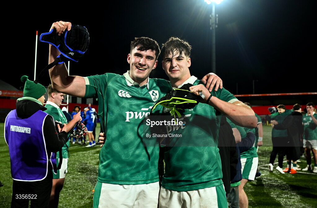 13 February 2026; Ireland players Donnacha McGuire, left, and Josh Neill celebrate after their side's victory in the U20 Six Nations Rugby Championship match between Ireland and Italy at Virgin Media Park in Cork. Photo by Shauna Clinton/Sportsfile