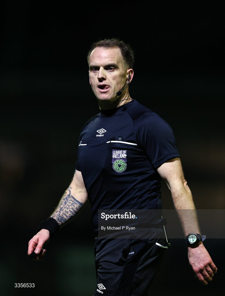 13 February 2026; Referee John Sconnie Walsh during the SSE Airtricity Men's First Division match between Cobh Ramblers and Wexford at St Colman's Park in Cobh, Cork. Photo by Michael P Ryan/Sportsfile