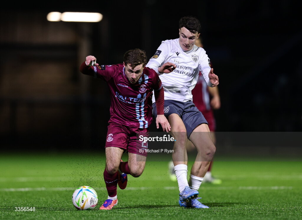 13 February 2026; Mikey Carroll of Cobh Ramblers in action against Jake Doyle of Wexford during the SSE Airtricity Men's First Division match between Cobh Ramblers and Wexford at St Colman's Park in Cobh, Cork. Photo by Michael P Ryan/Sportsfile