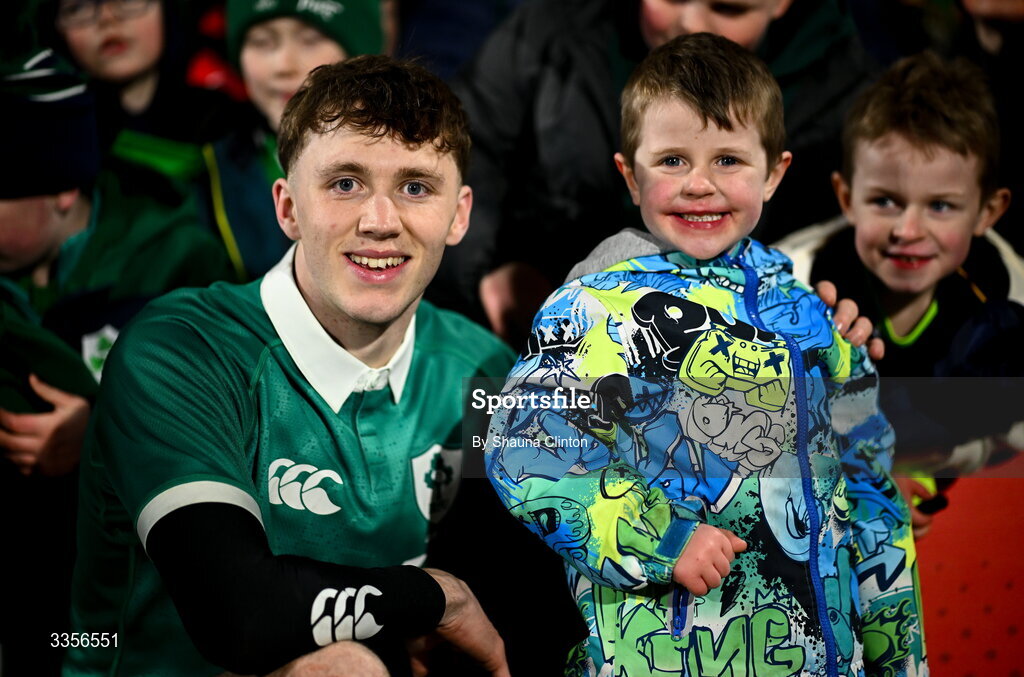 13 February 2026; Tom Wood of Ireland with supporters after the U20 Six Nations Rugby Championship match between Ireland and Italy at Virgin Media Park in Cork. Photo by Shauna Clinton/Sportsfile