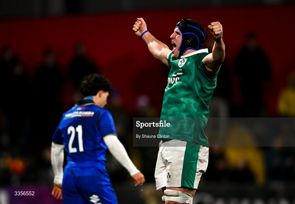 13 February 2026; Donnacha McGuire of Ireland celebrates after the final whistle of the U20 Six Nations Rugby Championship match between Ireland and Italy at Virgin Media Park in Cork. Photo by Shauna Clinton/Sportsfile
