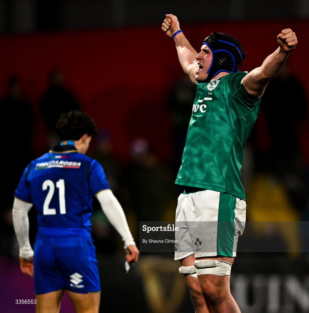 13 February 2026; Donnacha McGuire of Ireland celebrates after the final whistle of the U20 Six Nations Rugby Championship match between Ireland and Italy at Virgin Media Park in Cork. Photo by Shauna Clinton/Sportsfile