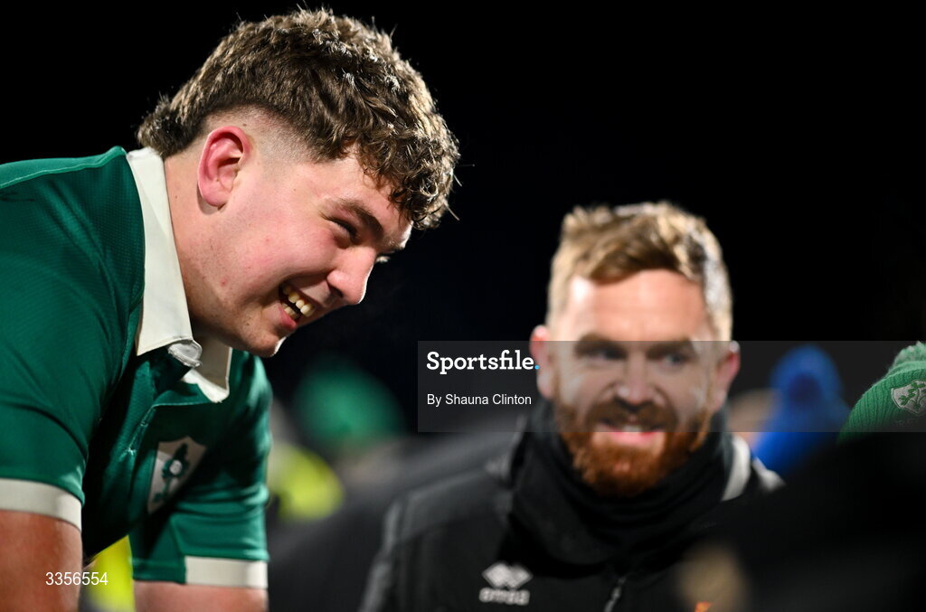 13 February 2026; Ireland captain Sami Bishti after his side's victory in the U20 Six Nations Rugby Championship match between Ireland and Italy at Virgin Media Park in Cork. Photo by Shauna Clinton/Sportsfile