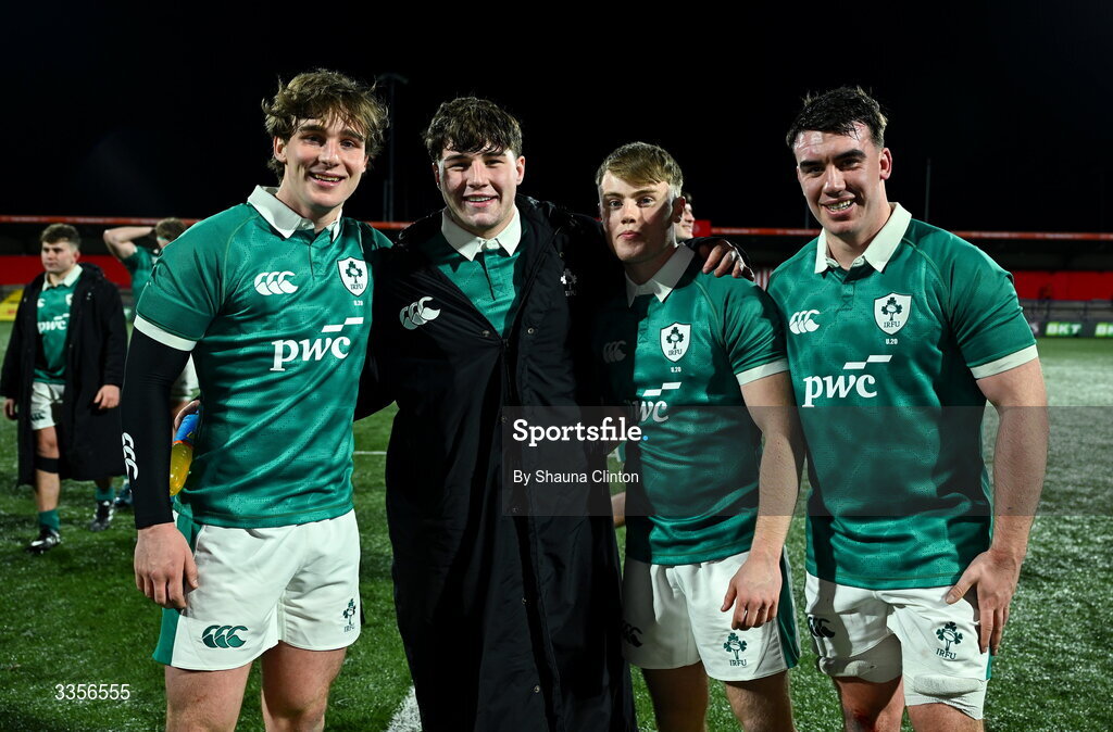 13 February 2026; Ireland players, from left, James O'Dwyer, Lee Fitzpatrick, Charlie O’Shea and the U20 Six Nations Rugby Championship match between Ireland and Italy at Virgin Media Park in Cork. Photo by Shauna Clinton/Sportsfile