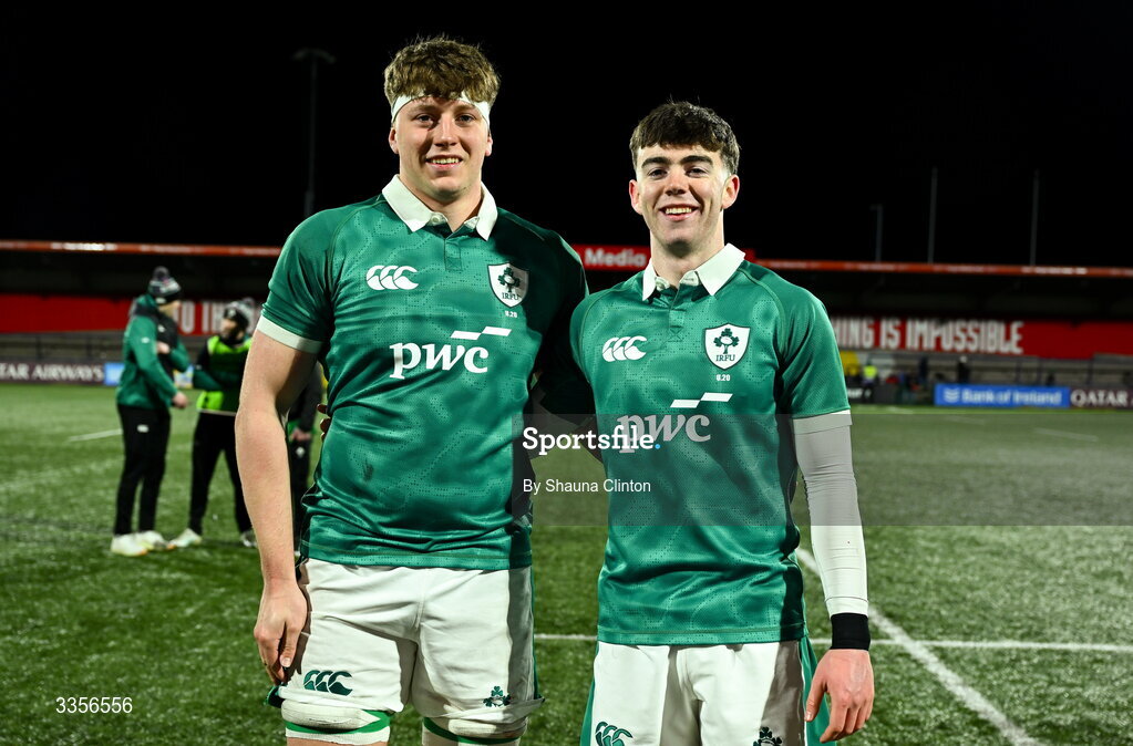 13 February 2026; Ireland players Joe Finn, left, and Noah Byrne after their side's victory in the U20 Six Nations Rugby Championship match between Ireland and Italy at Virgin Media Park in Cork. Photo by Shauna Clinton/Sportsfile