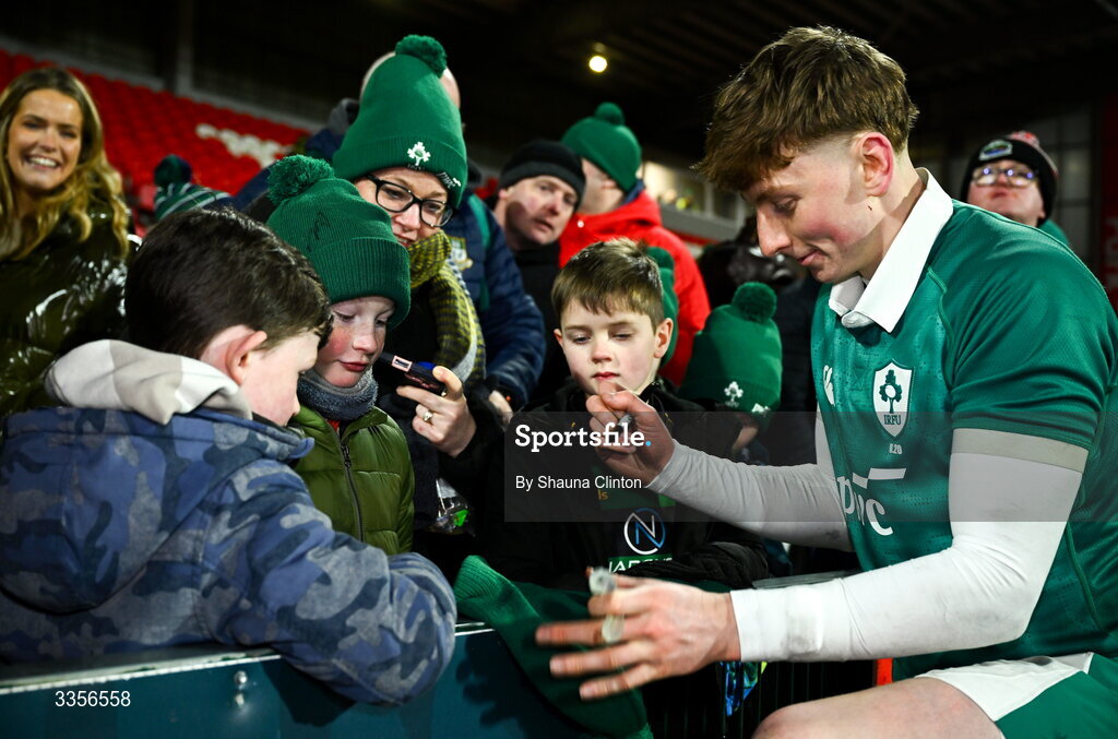 13 February 2026; Daniel Ryan of Ireland with supporters after his side's victory in the U20 Six Nations Rugby Championship match between Ireland and Italy at Virgin Media Park in Cork. Photo by Shauna Clinton/Sportsfile