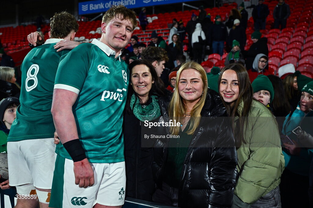 13 February 2026; Rian Handley of Ireland with friends and family after his side's victory in the U20 Six Nations Rugby Championship match between Ireland and Italy at Virgin Media Park in Cork. Photo by Shauna Clinton/Sportsfile