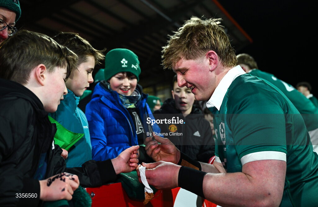 13 February 2026; Rian Handley of Ireland with supporters after his side's victory in the U20 Six Nations Rugby Championship match between Ireland and Italy at Virgin Media Park in Cork. Photo by Shauna Clinton/Sportsfile