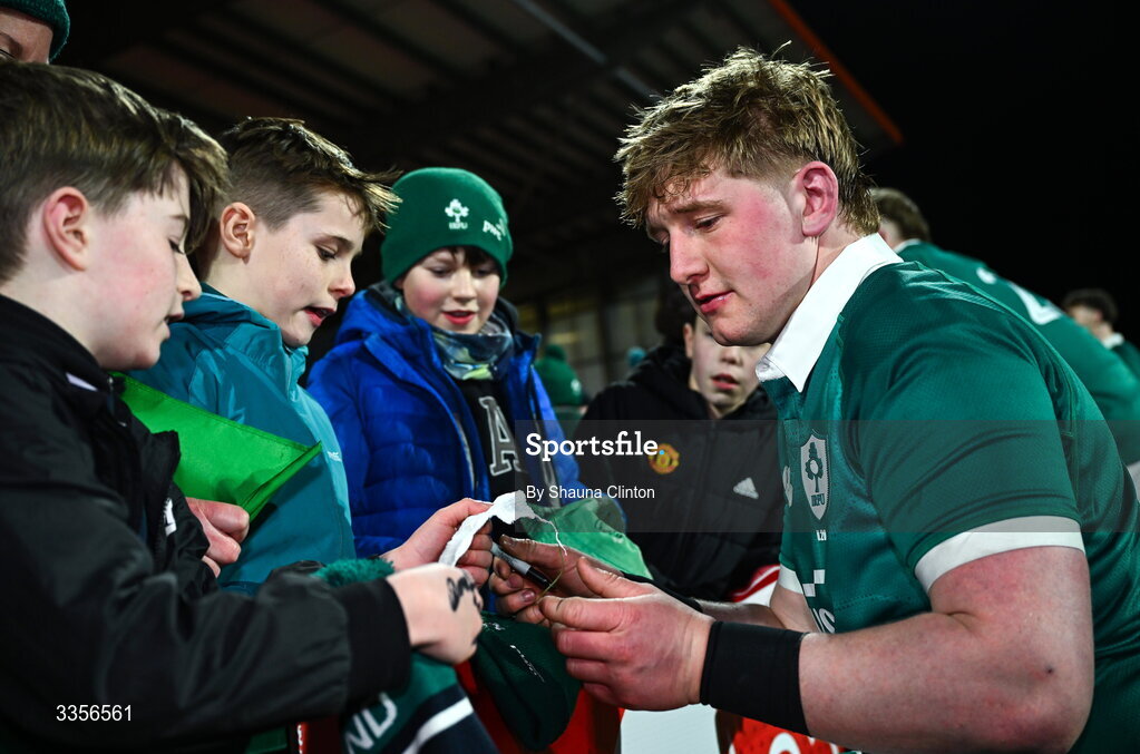 13 February 2026; Rian Handley of Ireland with friends and family after his side's victory in the U20 Six Nations Rugby Championship match between Ireland and Italy at Virgin Media Park in Cork. Photo by Shauna Clinton /Sportsfile