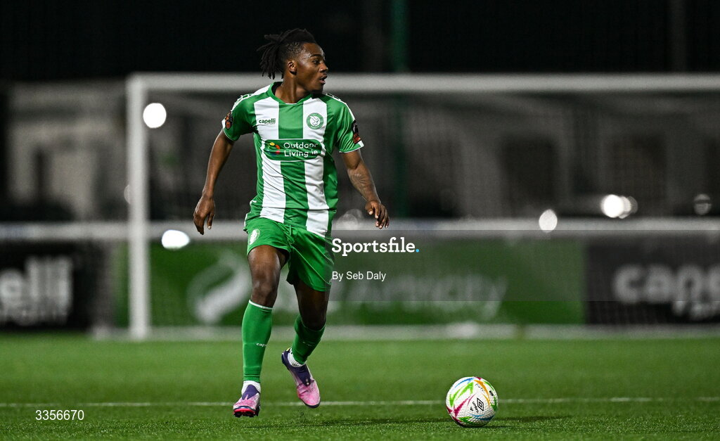 13 February 2026; Aime Azende Nyembo of Bray Wanderers during the SSE Airtricity Men's First Division match between Bray Wanderers and Longford Town at Carlisle Grounds in Bray, Wicklow. Photo by Seb Daly/Sportsfile