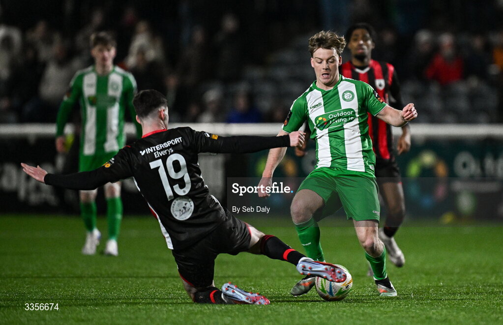13 February 2026; Cian Doyle of Bray Wanderers in action against Francis Campbell of Longford Town during the SSE Airtricity Men's First Division match between Bray Wanderers and Longford Town at Carlisle Grounds in Bray, Wicklow. Photo by Seb Daly/Sportsfile