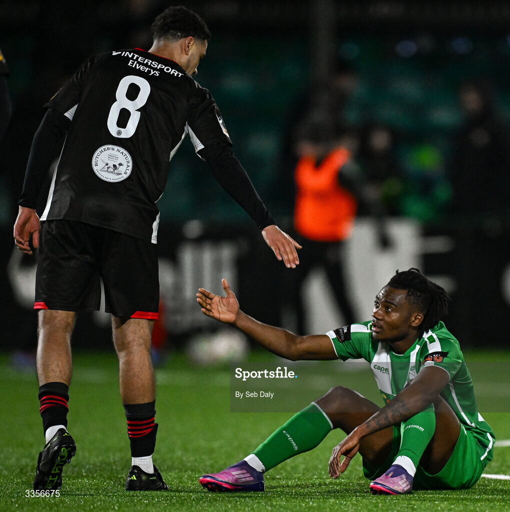 13 February 2026; Aime Azende Nyembo of Bray Wanderers and Pharrell Manuel of Longford Town after the SSE Airtricity Men's First Division match between Bray Wanderers and Longford Town at Carlisle Grounds in Bray, Wicklow. Photo by Seb Daly/Sportsfile
