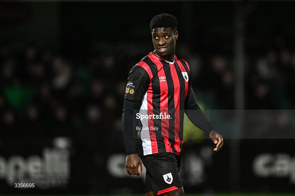 13 February 2026; Osaze Irhue of Longford Town during the SSE Airtricity Men's First Division match between Bray Wanderers and Longford Town at Carlisle Grounds in Bray, Wicklow. Photo by Seb Daly/Sportsfile