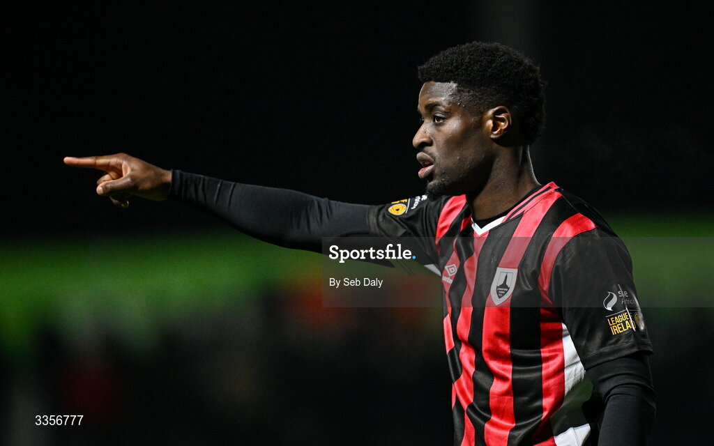 13 February 2026; Osaze Irhue of Longford Town during the SSE Airtricity Men's First Division match between Bray Wanderers and Longford Town at Carlisle Grounds in Bray, Wicklow. Photo by Seb Daly/Sportsfile