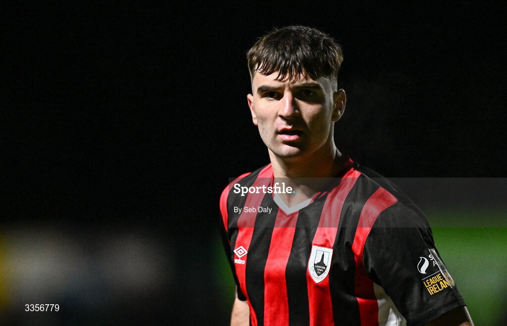 13 February 2026; Andy Paraschiv of Longford Town during the SSE Airtricity Men's First Division match between Bray Wanderers and Longford Town at Carlisle Grounds in Bray, Wicklow. Photo by Seb Daly/Sportsfile