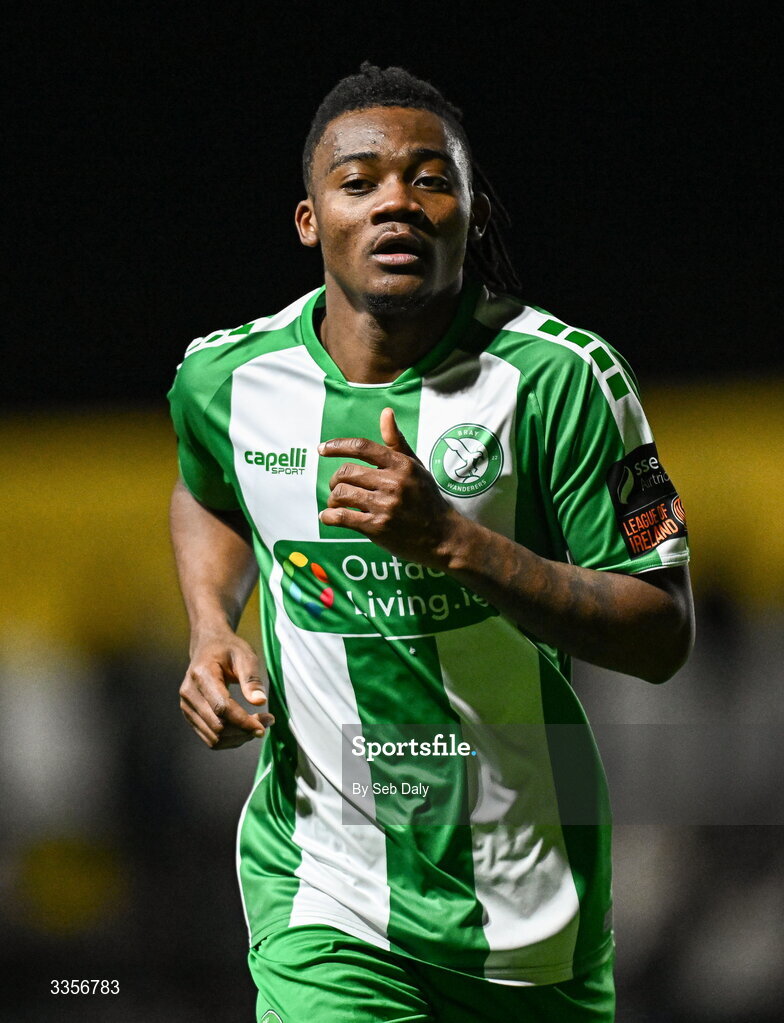 13 February 2026; Aime Azende Nyembo of Bray Wanderers during the SSE Airtricity Men's First Division match between Bray Wanderers and Longford Town at Carlisle Grounds in Bray, Wicklow. Photo by Seb Daly/Sportsfile