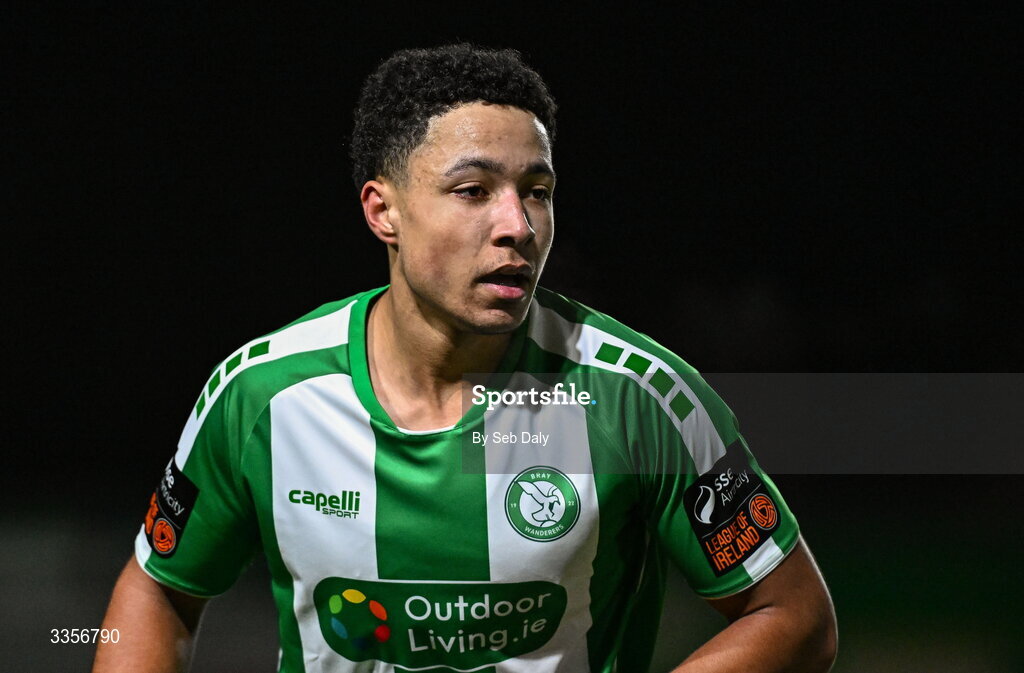 13 February 2026; Declan Osagie of Bray Wanderers during the SSE Airtricity Men's First Division match between Bray Wanderers and Longford Town at Carlisle Grounds in Bray, Wicklow. Photo by Seb Daly/Sportsfile