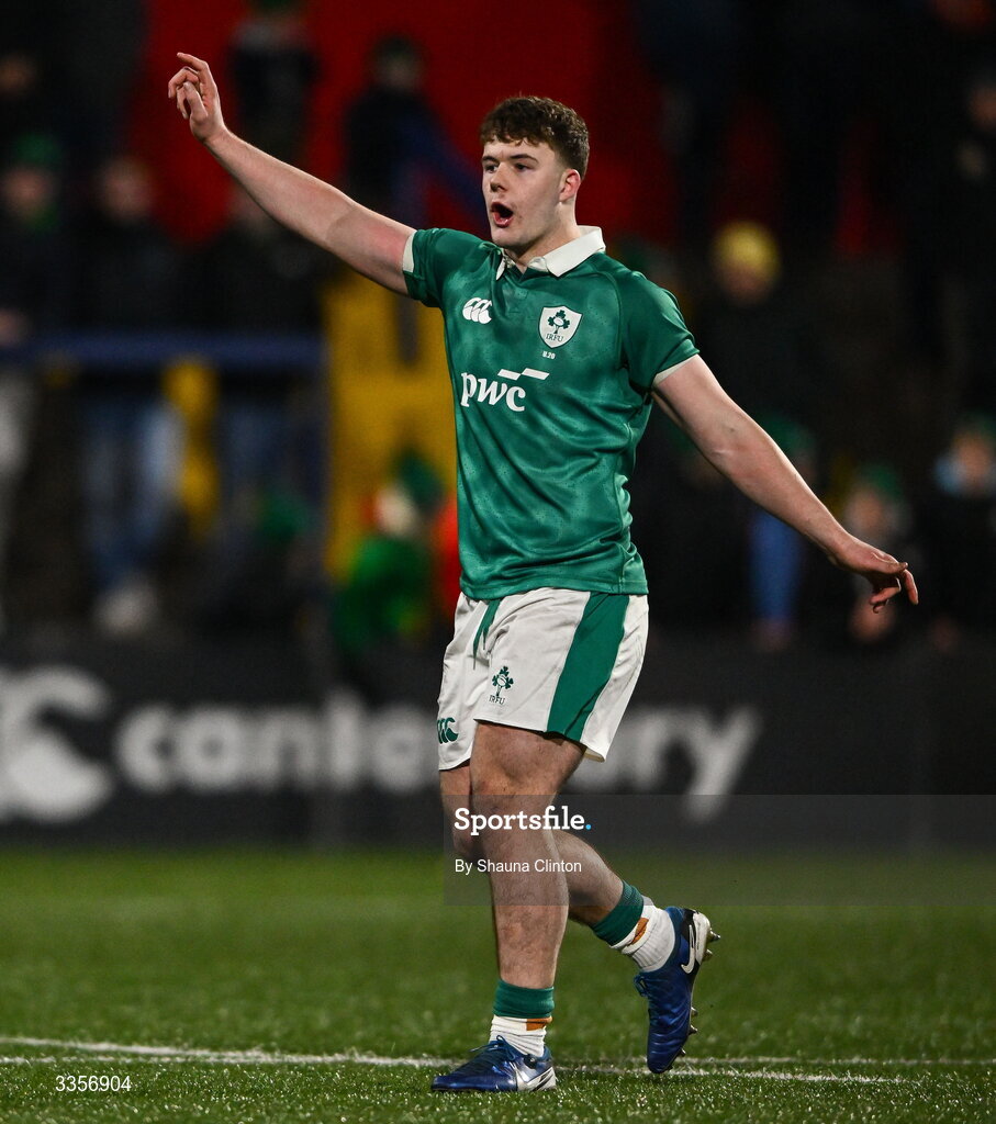 13 February 2026; James O'Leary of Ireland during the U20 Six Nations Rugby Championship match between Ireland and Italy at Virgin Media Park in Cork. Photo by Shauna Clinton/Sportsfile