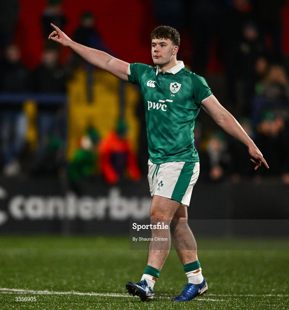13 February 2026; James O'Leary of Ireland during the U20 Six Nations Rugby Championship match between Ireland and Italy at Virgin Media Park in Cork. Photo by Shauna Clinton/Sportsfile