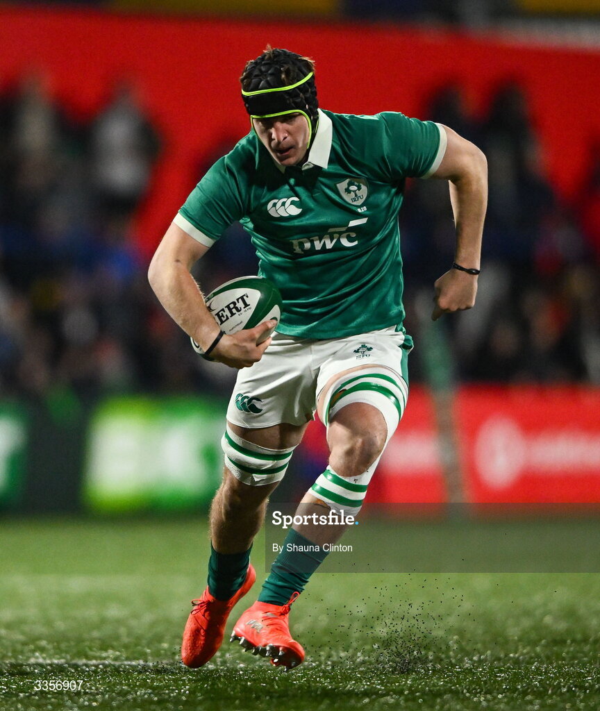 13 February 2026; Josh Neill of Ireland during the U20 Six Nations Rugby Championship match between Ireland and Italy at Virgin Media Park in Cork. Photo by Shauna Clinton/Sportsfile