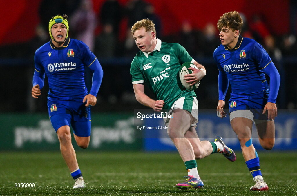13 February 2026; Rob Carney of Ireland makes a break during the U20 Six Nations Rugby Championship match between Ireland and Italy at Virgin Media Park in Cork. Photo by Shauna Clinton/Sportsfile