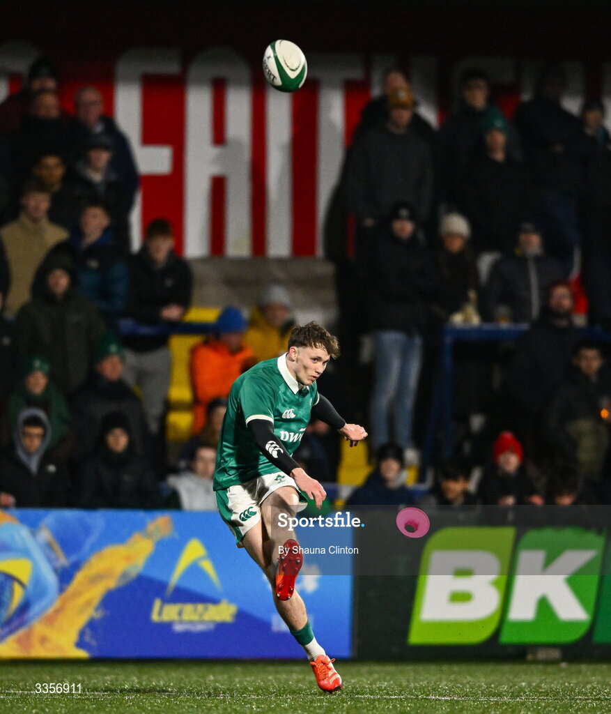 13 February 2026; Tom Wood of Ireland during the U20 Six Nations Rugby Championship match between Ireland and Italy at Virgin Media Park in Cork. Photo by Shauna Clinton/Sportsfile