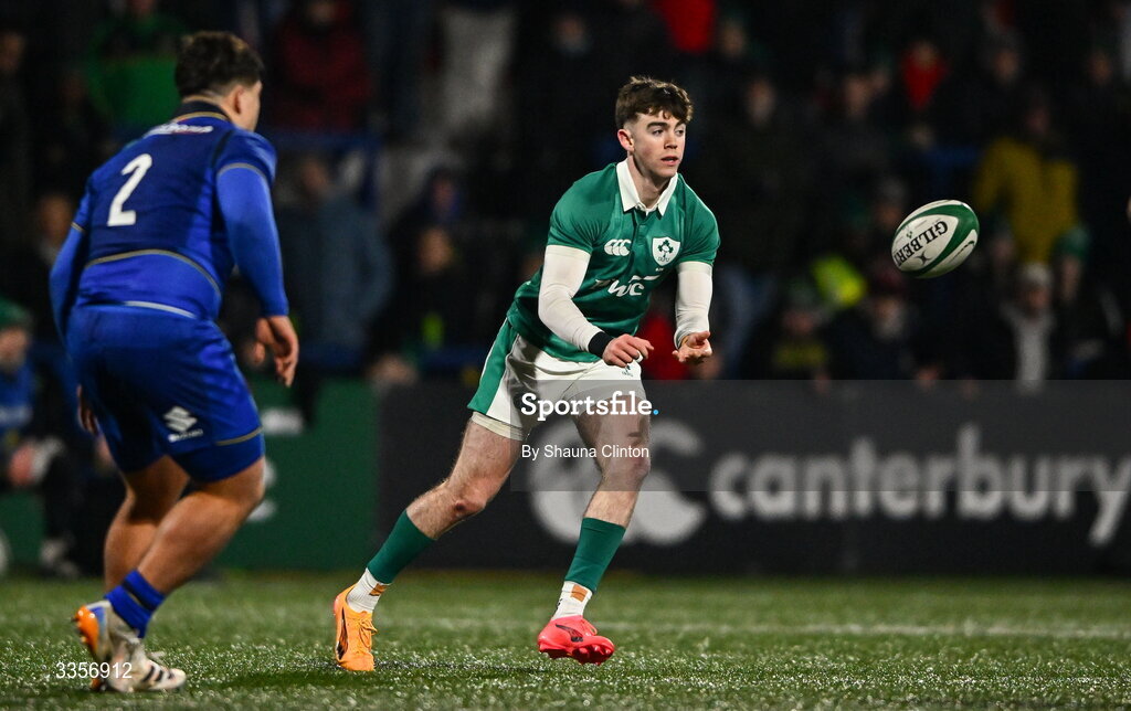 13 February 2026; Noah Byrne of Ireland makes a pass during the U20 Six Nations Rugby Championship match between Ireland and Italy at Virgin Media Park in Cork. Photo by Shauna Clinton/Sportsfile