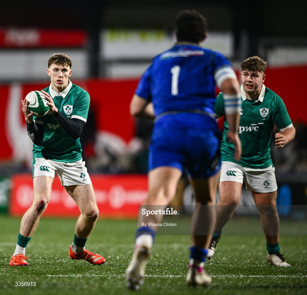 13 February 2026; Tom Wood of Ireland during the U20 Six Nations Rugby Championship match between Ireland and Italy at Virgin Media Park in Cork. Photo by Shauna Clinton/Sportsfile