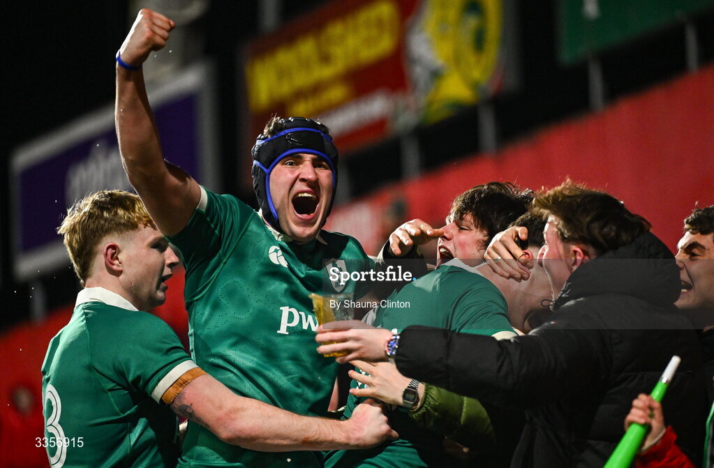 13 February 2026; Donnacha McGuire of Ireland, second from left, celebrates with team-mates and supporters after his side's third try during the U20 Six Nations Rugby Championship match between Ireland and Italy at Virgin Media Park in Cork. Photo by Shauna Clinton/Sportsfile