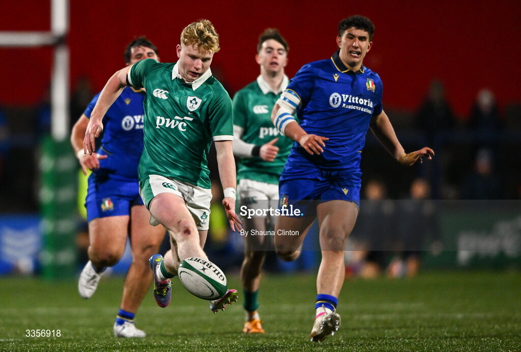 13 February 2026; Rob Carney of Ireland kicks on during the U20 Six Nations Rugby Championship match between Ireland and Italy at Virgin Media Park in Cork. Photo by Shauna Clinton/Sportsfile